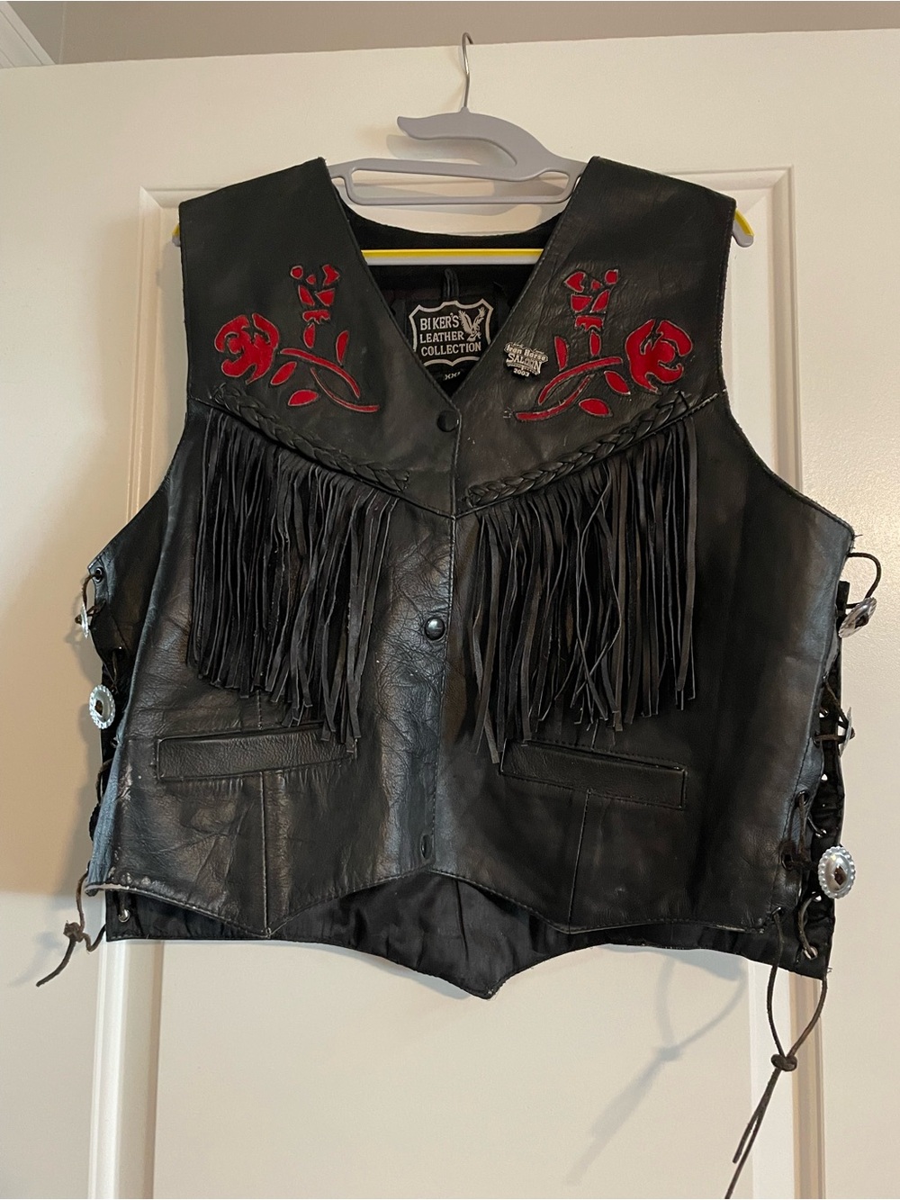 Women's Black Leather Fringe Vest with Red Floral Accents